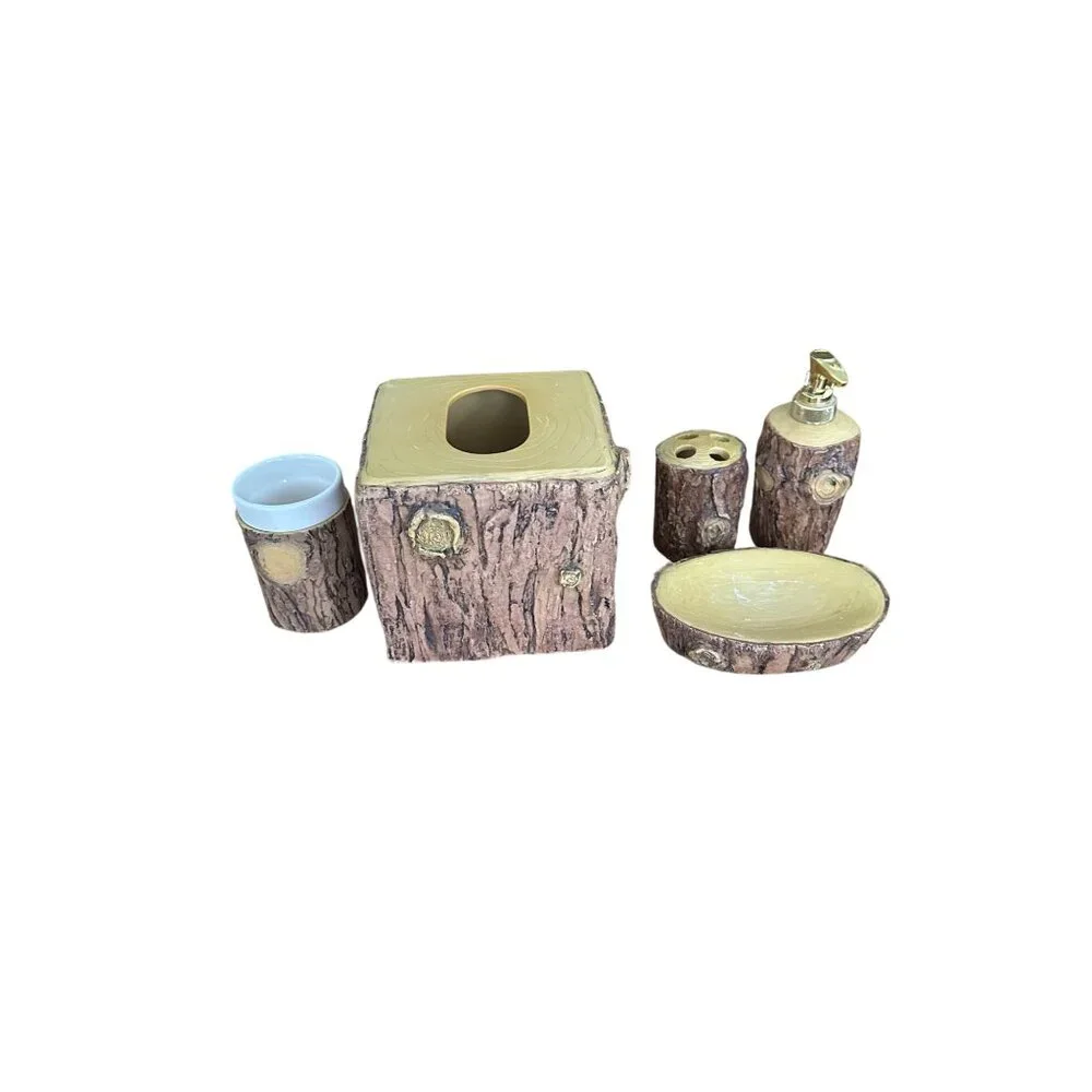 Rustic TreeBark BathroomSet - Soap Dispenser Toothbrush Holder Tumbler TissueBox